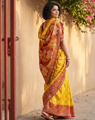 Yellow pochampally printed saree with blouse 4