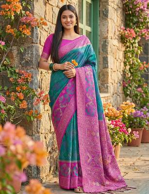 Blue pochampally printed saree with blouse 1