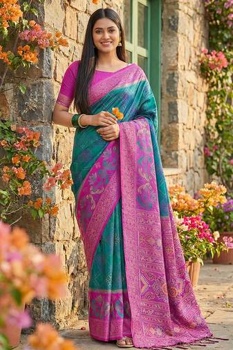 Blue pochampally printed saree with blouse