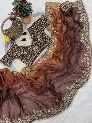 Brown Color Sequins with Jari Thread Embroidery Work Chiffon Silk Saree 1
