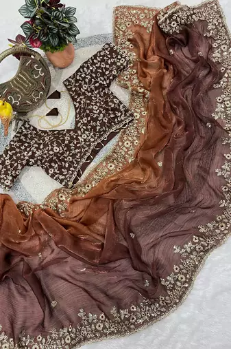 Brown Color Sequins with Jari Thread Embroidery Work Chiffon Silk Saree