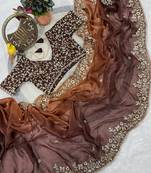Brown Color Sequins with Jari Thread Embroidery Work Chiffon Silk Saree