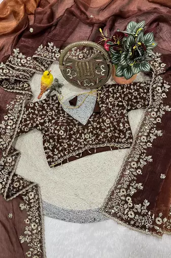 Brown Color Sequins with Jari Thread Embroidery Work Chiffon Silk Saree