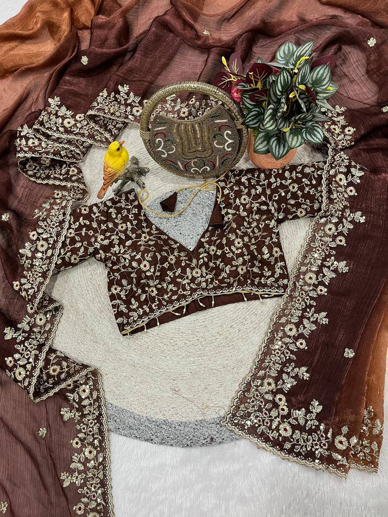 Brown Color Sequins with Jari Thread Embroidery Work Chiffon Silk Saree