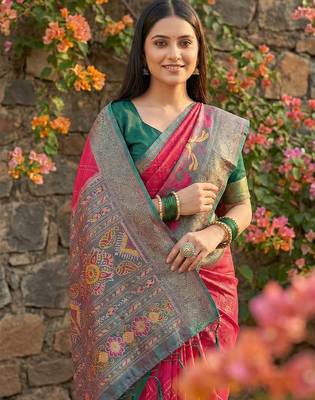Coral pochampally printed saree with blouse 2