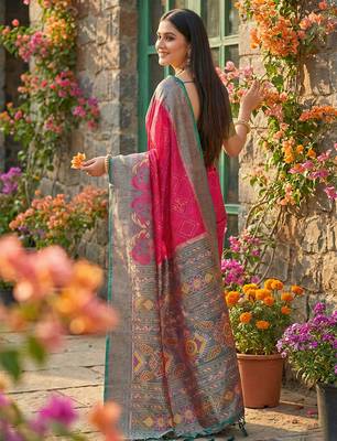 Coral pochampally printed saree with blouse 4