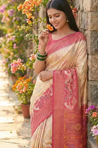 Cream pochampally printed saree with blouse