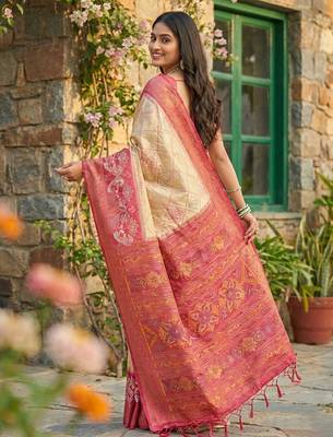 Cream pochampally printed saree with blouse 4
