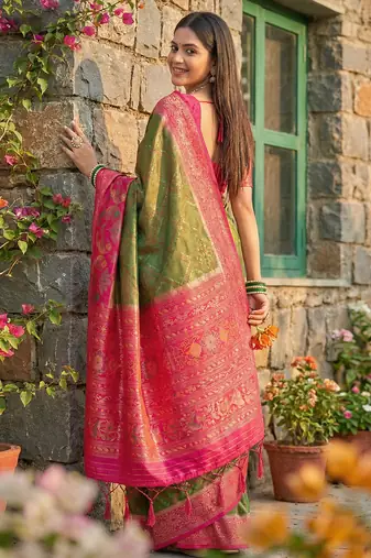 Mehendi pochampally printed saree with blouse