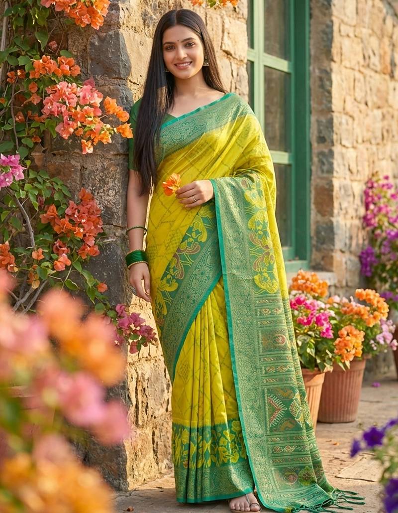 Olive pochampally printed saree with blouse