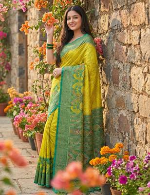 Olive pochampally printed saree with blouse 3