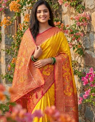 Yellow pochampally printed saree with blouse 2