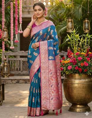 Blue silk blend woven saree with blouse 1