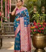 Blue silk blend woven saree with blouse
