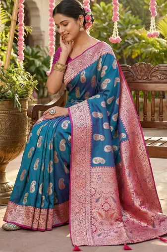 Blue silk blend woven saree with blouse