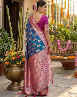 Blue silk blend woven saree with blouse 3