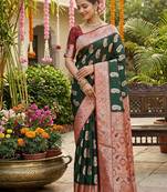 Dark green silk blend woven saree with blouse