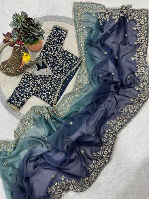 Blue Color Sequins with Jari Thread Embroidery Work Chiffon Silk Saree 1