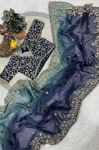 Blue Color Sequins with Jari Thread Embroidery Work Chiffon Silk Saree