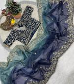 Blue Color Sequins with Jari Thread Embroidery Work Chiffon Silk Saree