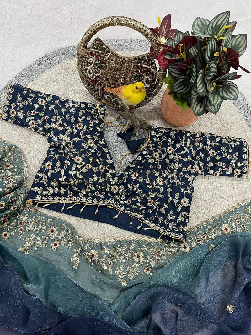 Blue Color Sequins with Jari Thread Embroidery Work Chiffon Silk Saree