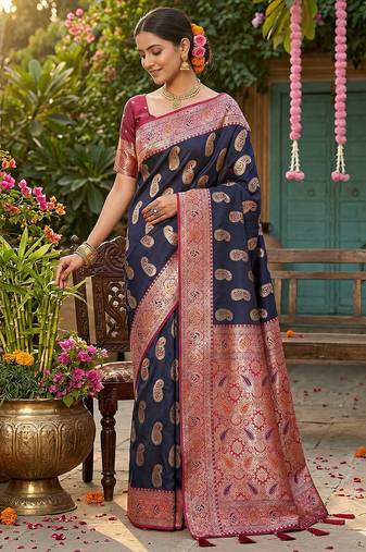 Navy silk blend woven saree with blouse