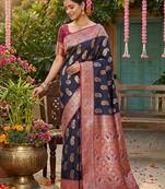 Navy silk blend woven saree with blouse