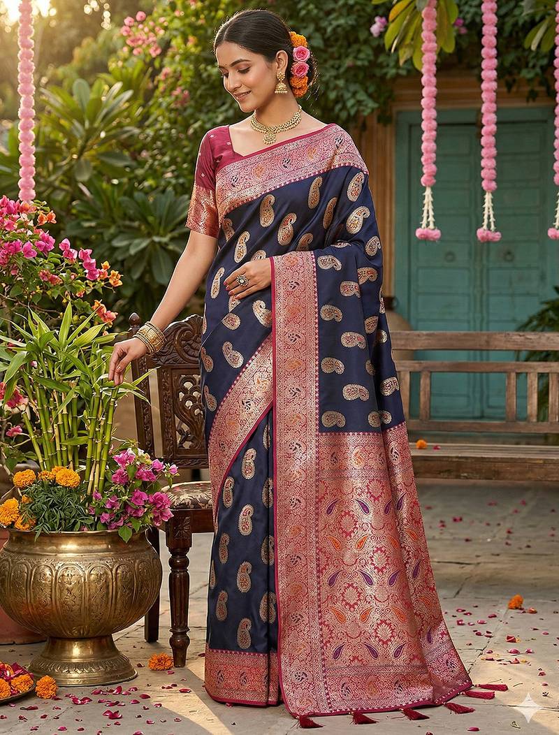 Navy silk blend woven saree with blouse