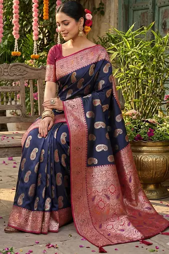 Navy silk blend woven saree with blouse