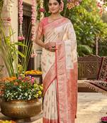 Off white silk blend woven saree with blouse