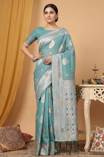 Blue linen woven work saree with blouse