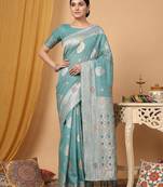 Blue linen woven work saree with blouse