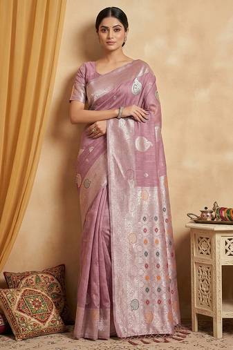 Lavender linen woven work saree with blouse