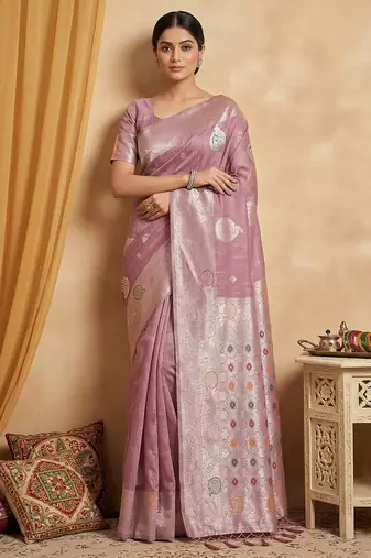 Lavender linen woven work saree with blouse