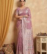 Lavender linen woven work saree with blouse