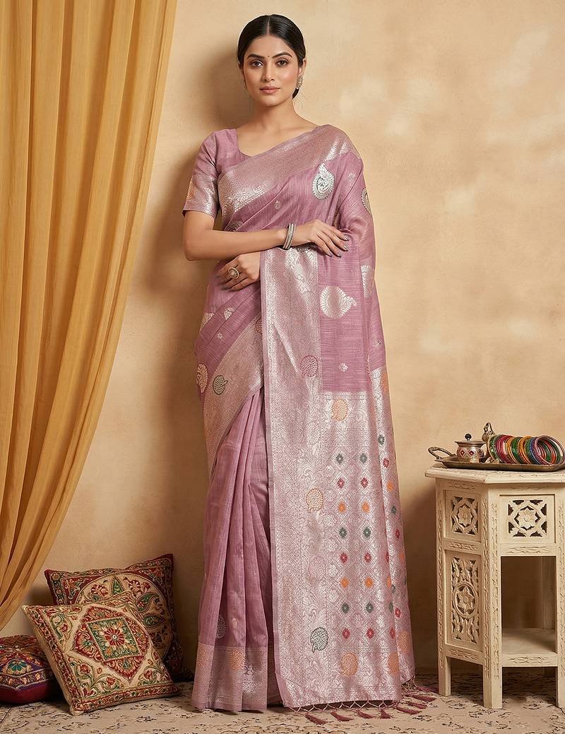 Lavender linen woven work saree with blouse