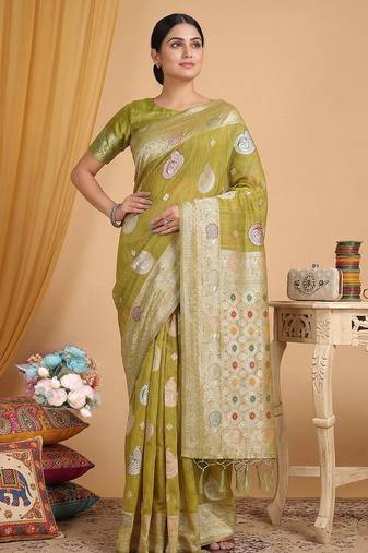 Mustard linen woven work saree with blouse