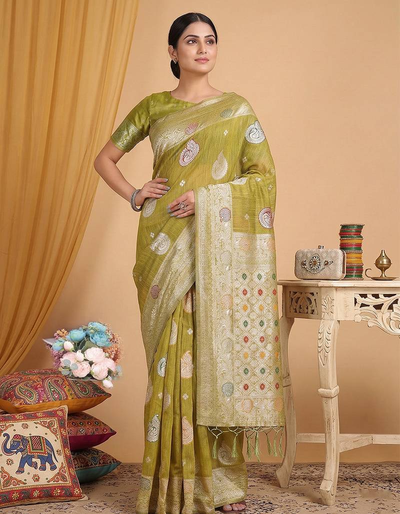 Mustard linen woven work saree with blouse