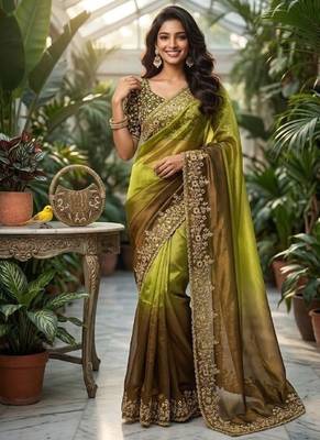 Olive Color Sequins with Jari Thread Embroidery Work Chiffon Silk Saree 1