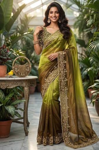 Olive Color Sequins with Jari Thread Embroidery Work Chiffon Silk Saree