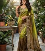 Olive Color Sequins with Jari Thread Embroidery Work Chiffon Silk Saree