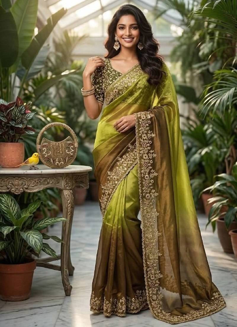Olive Color Sequins with Jari Thread Embroidery Work Chiffon Silk Saree