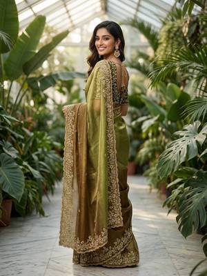 Olive Color Sequins with Jari Thread Embroidery Work Chiffon Silk Saree 2