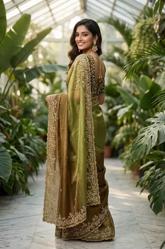 Olive Color Sequins with Jari Thread Embroidery Work Chiffon Silk Saree