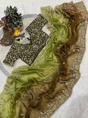 Olive Color Sequins with Jari Thread Embroidery Work Chiffon Silk Saree 3