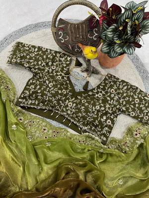Olive Color Sequins with Jari Thread Embroidery Work Chiffon Silk Saree 5