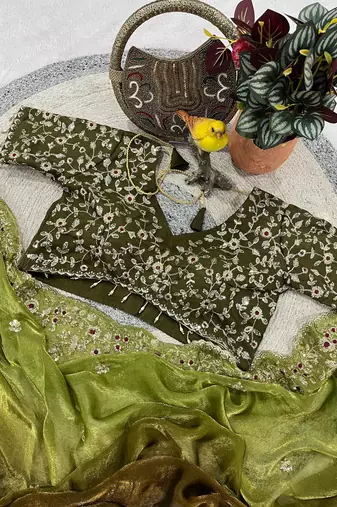 Olive Color Sequins with Jari Thread Embroidery Work Chiffon Silk Saree