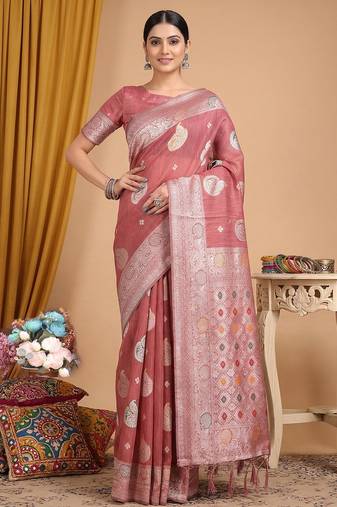 Peach linen woven work saree with blouse
