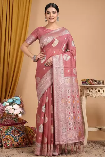 Peach linen woven work saree with blouse