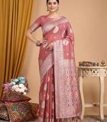Peach linen woven work saree with blouse